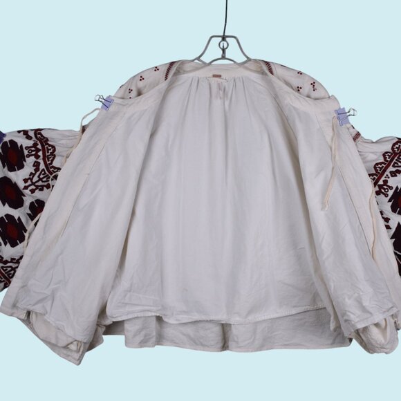 Free People Swing Jacket Women's Size Large Off White Red Boho Embroidered Top - Picture 14 of 16